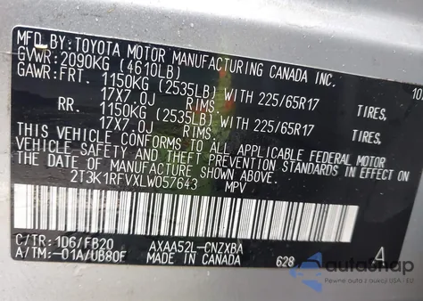 2020 Toyota Rav4 Le из США, поврежденный, VIN 2T3K1RFVXLW057643